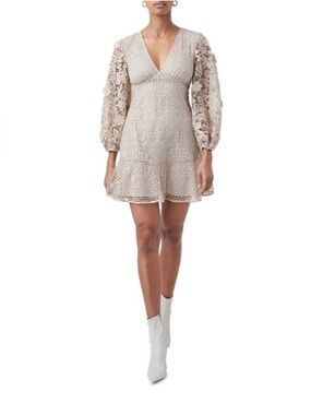 French Connection Caballo Sequin Lace Mini Dress Nude Puff Sleeve Size 6 NWT